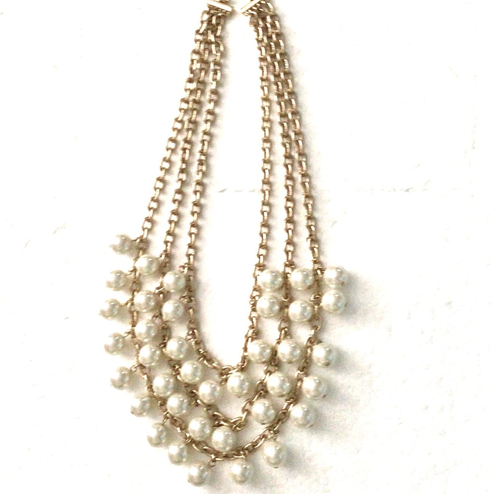 Women Fancy Fashion Jewelry Gold Metal Chain Pearl Beads 3 Strands Long Necklace